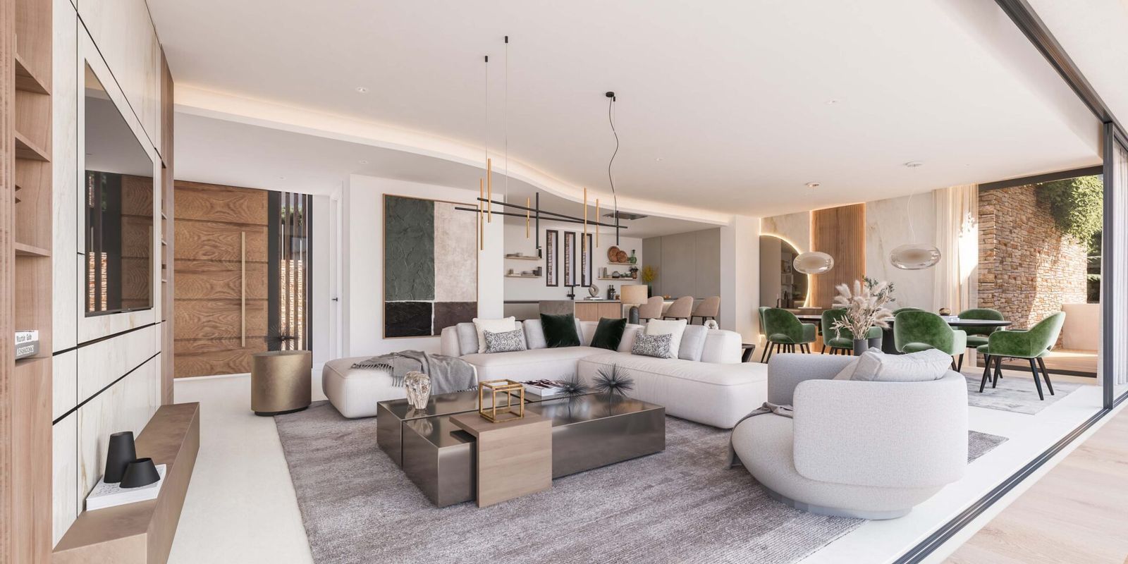 Noura Villas Sun : Espace de vie ouvert avec mobilier luxueux et décor moderne.