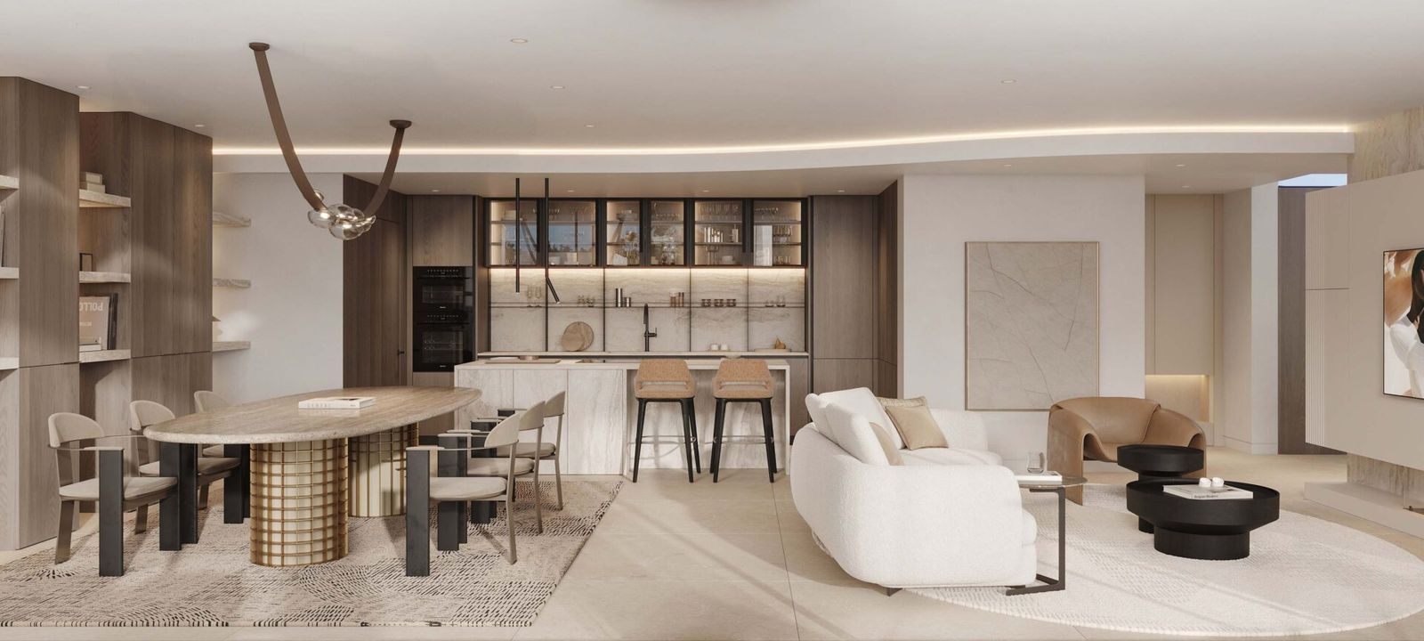 Intérieur de villa moderne avec cuisine ouverte et salon